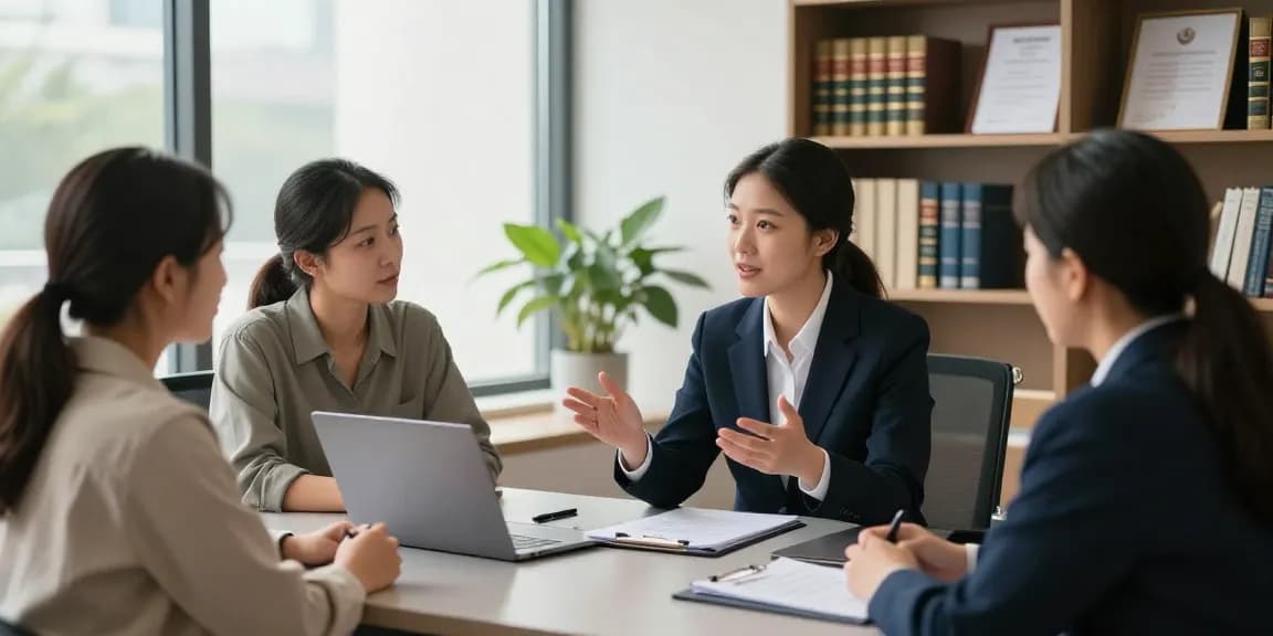 Legal consultation for beginners with attorney assisting diverse couple in modern law office.