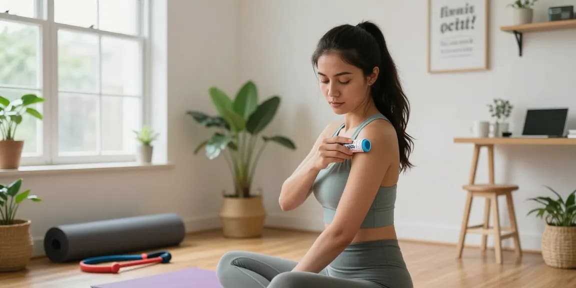 Applying cbd roll on Canada for muscle relief in a cozy wellness space.