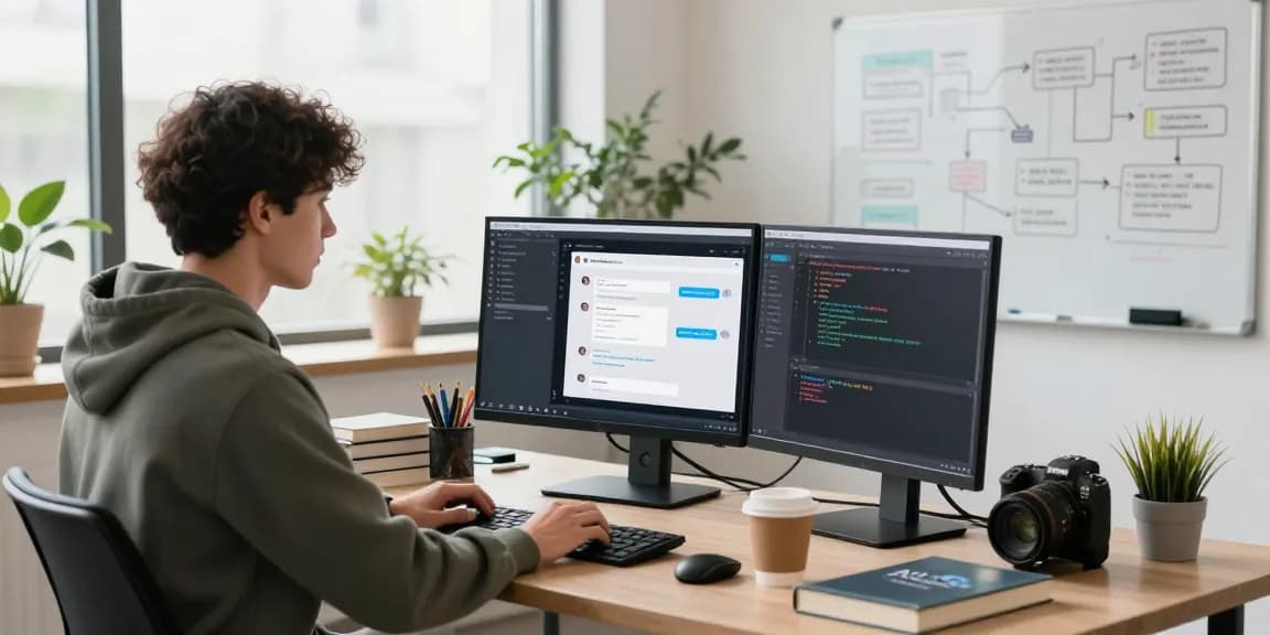 Innovative AI chatbot workspace with developer coding, dual screens displaying chatbot flows, bright and modern tech environment.