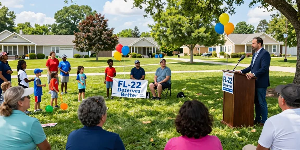 Casey Askar engaging with voters at a FL-22 campaign event in a community park.