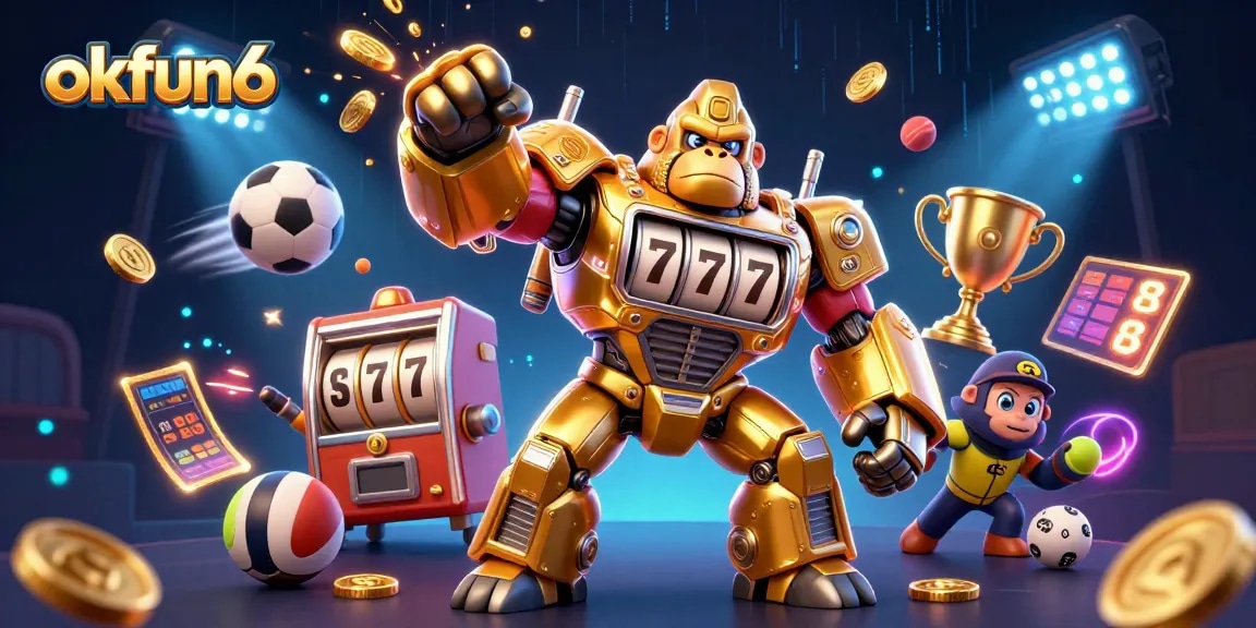 Experience the thrill of gaming with okfun6's stunning golden gorilla mech and dynamic sports elements.