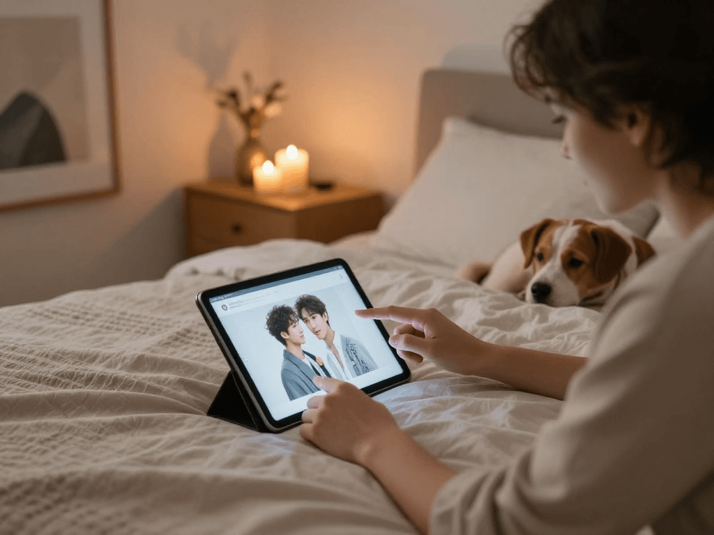 Engaging scene of a couple using AI sex technology in a cozy bedroom, exploring romantic digital content.