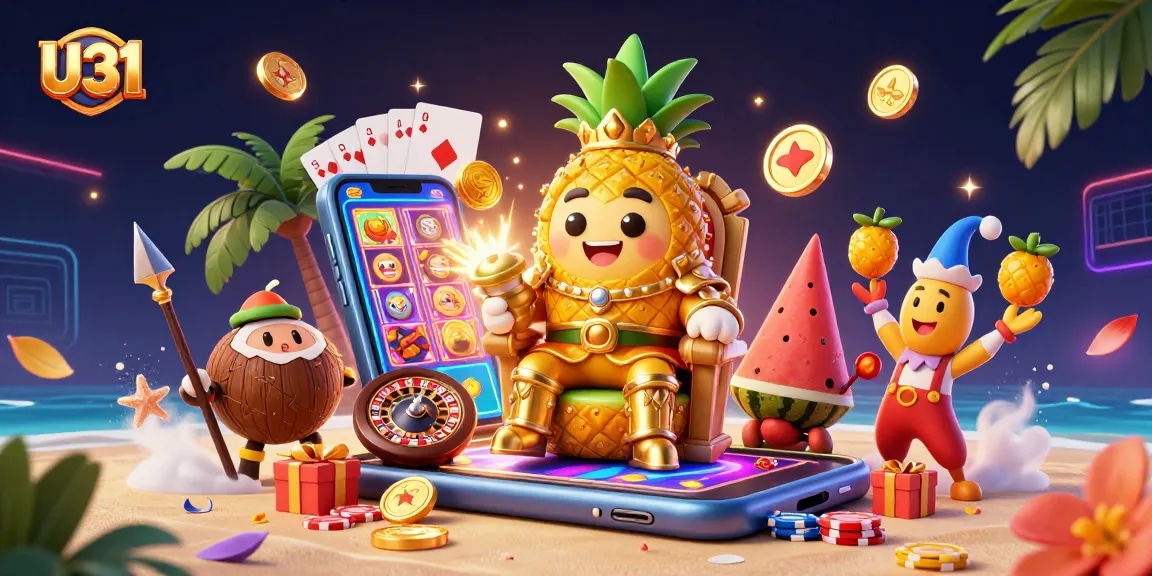 Spin to win with U31 in this vibrant, packed casino scene featuring a golden king and rich game elements.