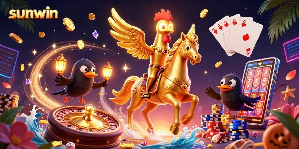Experience thrilling gaming with sunwin's rich casino scene featuring golden rooster and friends.