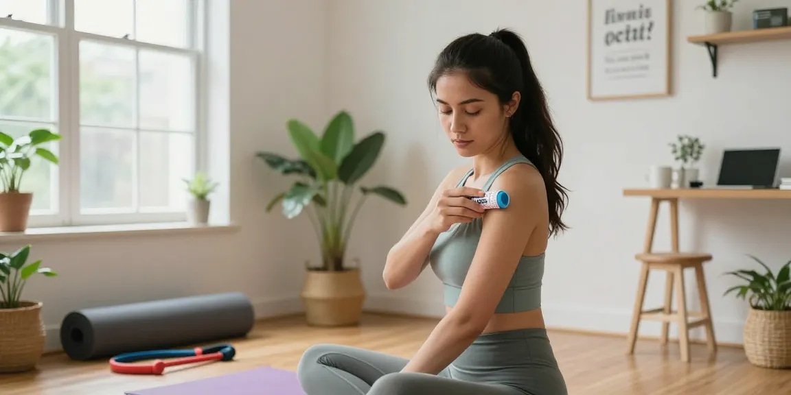 Applying cbd roll on Canada for muscle relief in a cozy wellness space.