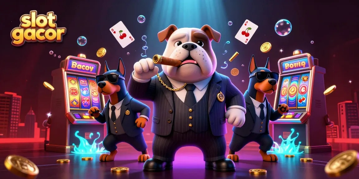 Engage in slot gacor gameplay with a mafia boss bulldog surrounded by colorful slot machines and gold coins.