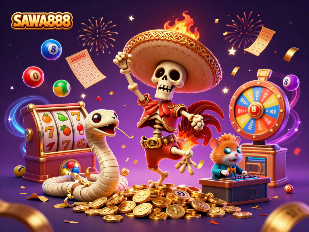 Win big with SAWA888: Celebrate victory with a lively scene of whimsical characters amidst slot reels and lottery balls.