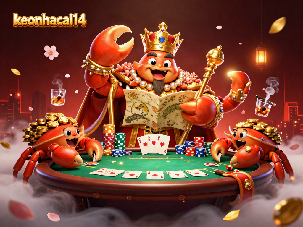Engage with the keonhacai14 scene featuring a golden crab emperor and vibrant poker elements.