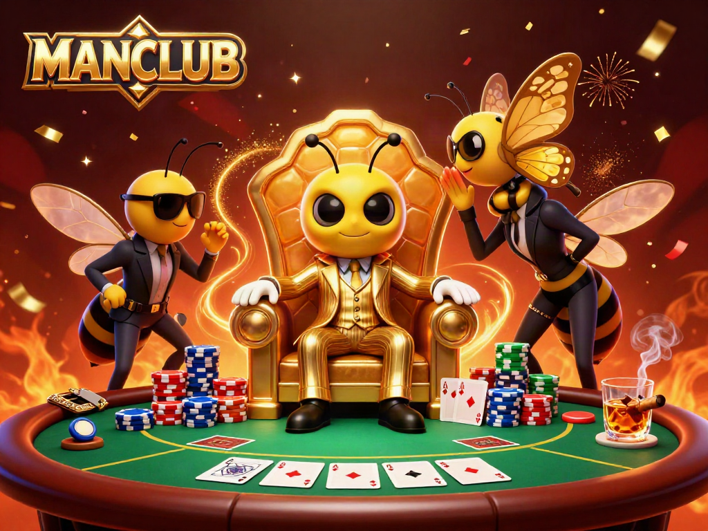 Engage with thrilling MANCLUB poker action featuring a bumblebee boss surrounded by chips and cards.