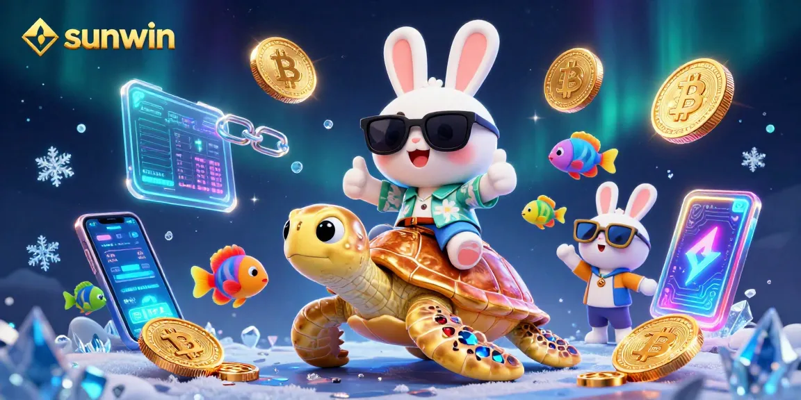 Engage with sunwin's colorful 3D cartoon scene featuring a lucky rabbit and sea turtle in a crypto casino setting.