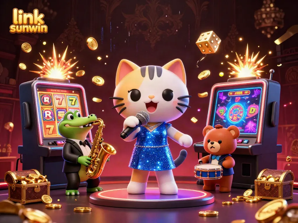 Engage with the vibrant casino scene showcasing link sunwin, featuring a jazz-singer cat, a jazz-playing crocodile, and a drum-playing bear amidst spectacular slot machine action.