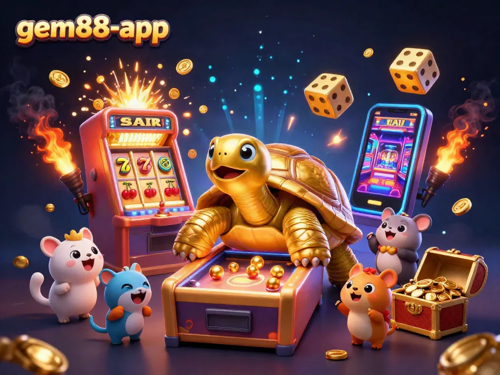 Engage with gem88-app's exciting games in a vibrant 3D casino scene filled with action.
