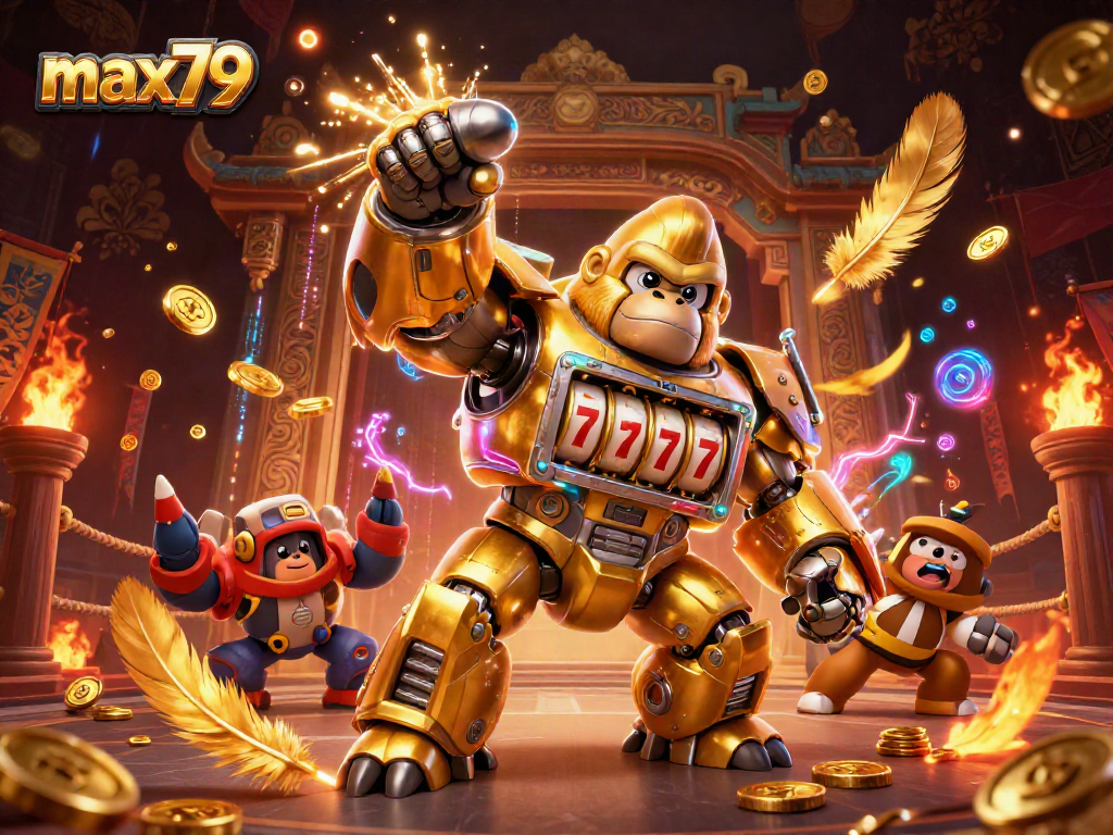 Experience thrilling jackpot action with max79 in this vibrant 3D casino illustration featuring a mech and dynamic game elements.