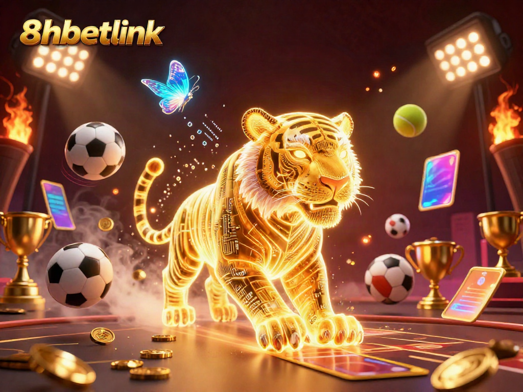 Experience winning with 8xbetlink in a vibrant digital casino landscape filled with sports elements.