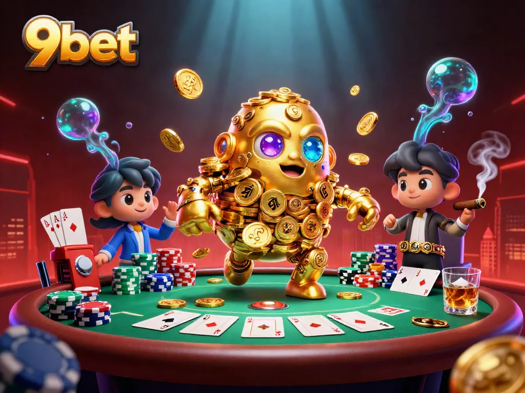 Engage in thrilling gameplay at 9bet with a golden golem, poker chips, and vibrant casino action.