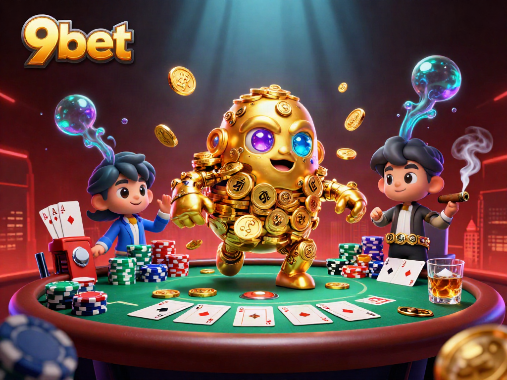 Engage in thrilling gameplay at 9bet with a golden golem, poker chips, and vibrant casino action.