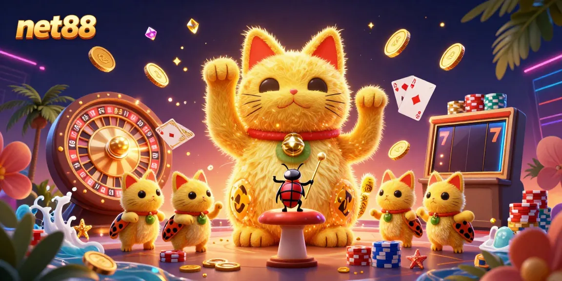 Engage with net88's vibrant casino themes featuring a giant lucky cat amidst a dynamic casino scene.