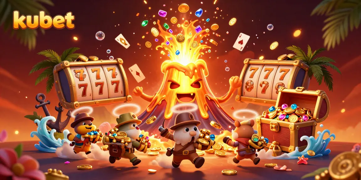Kubet platform showcasing a vibrant 3D illustration of a lively gaming scene with a golden volcano erupting treasure.