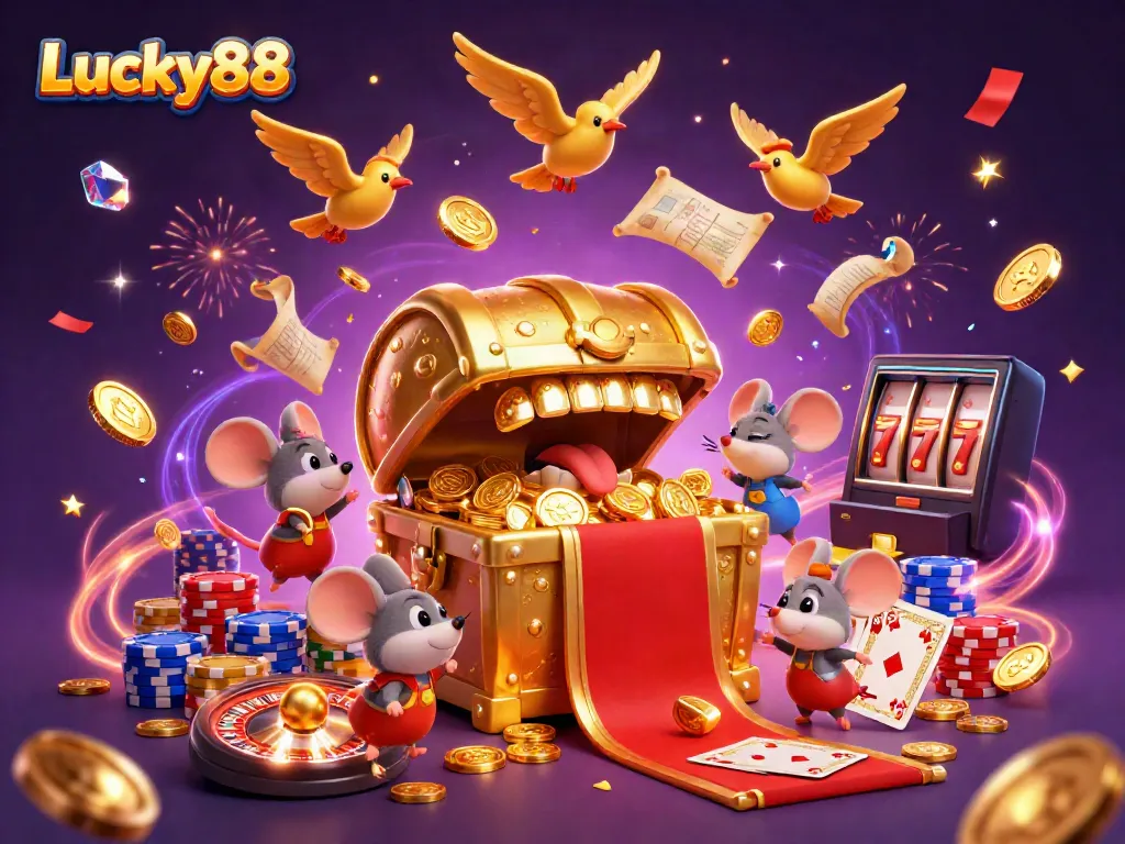 Engage in thrilling gameplay with Lucky88 and golden treasures in a vibrant casino scene.