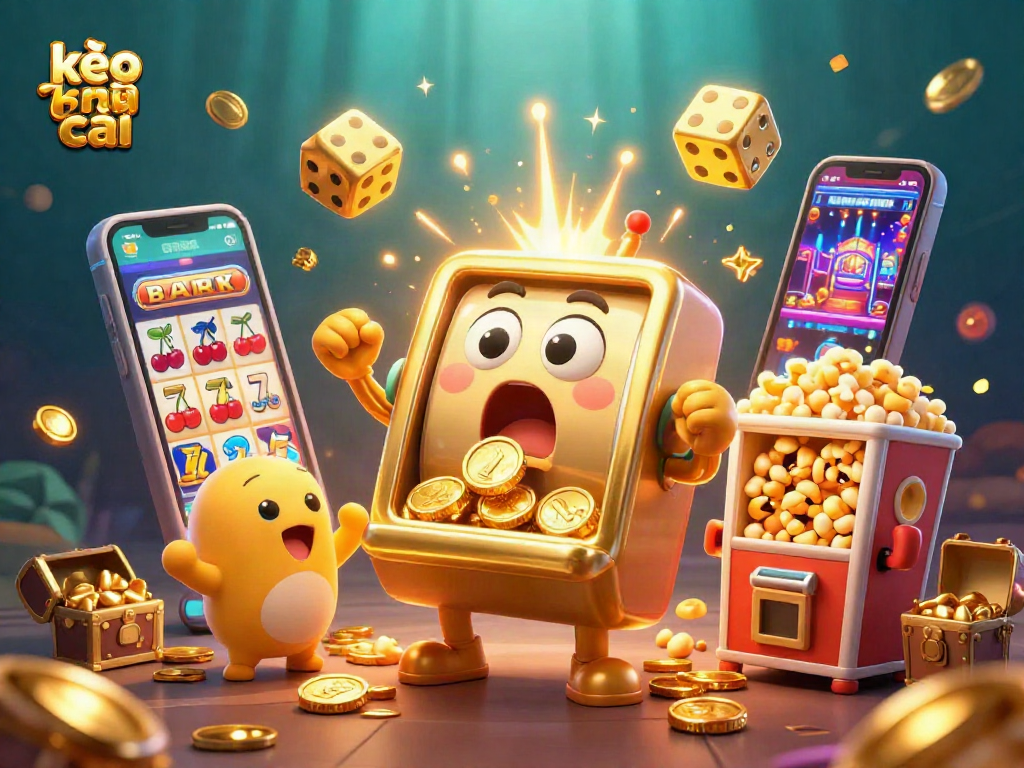 kèo nhà cái boosts excitement as a golden slot machine hits the jackpot with coins exploding