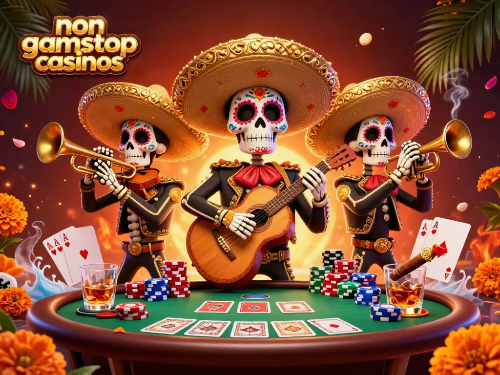 Experience the vibrant spirit of non gamstop casinos with a lively mariachi band amidst poker excitement.