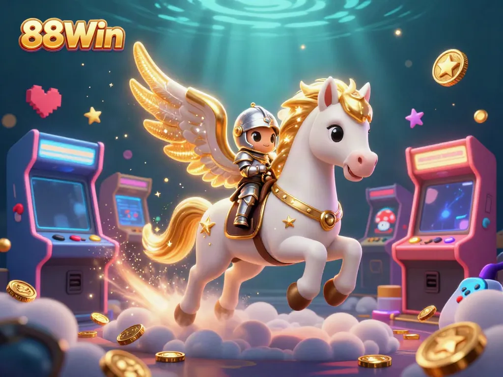 Engage with thrilling 88Win gaming action under a celestial backdrop with vibrant arcade elements.