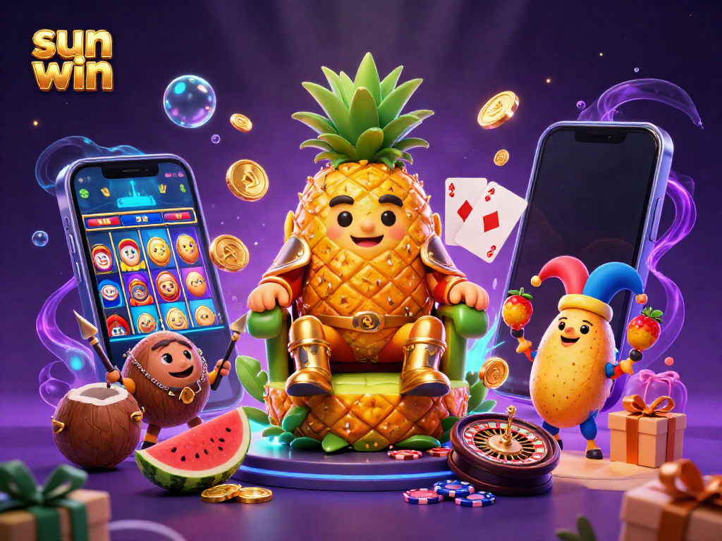 Experience sun win with vibrant 3D casino characters and lively gaming elements in this illustration.