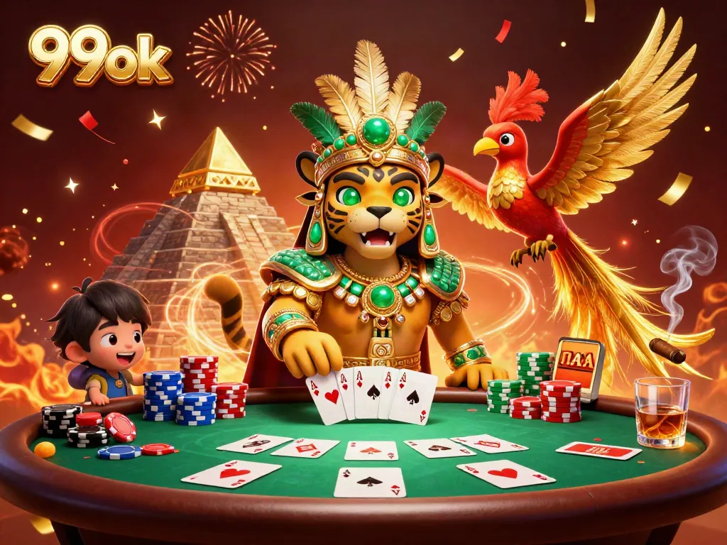Experience the excitement of 99ok with a vibrant casino scene featuring colorful poker elements.
