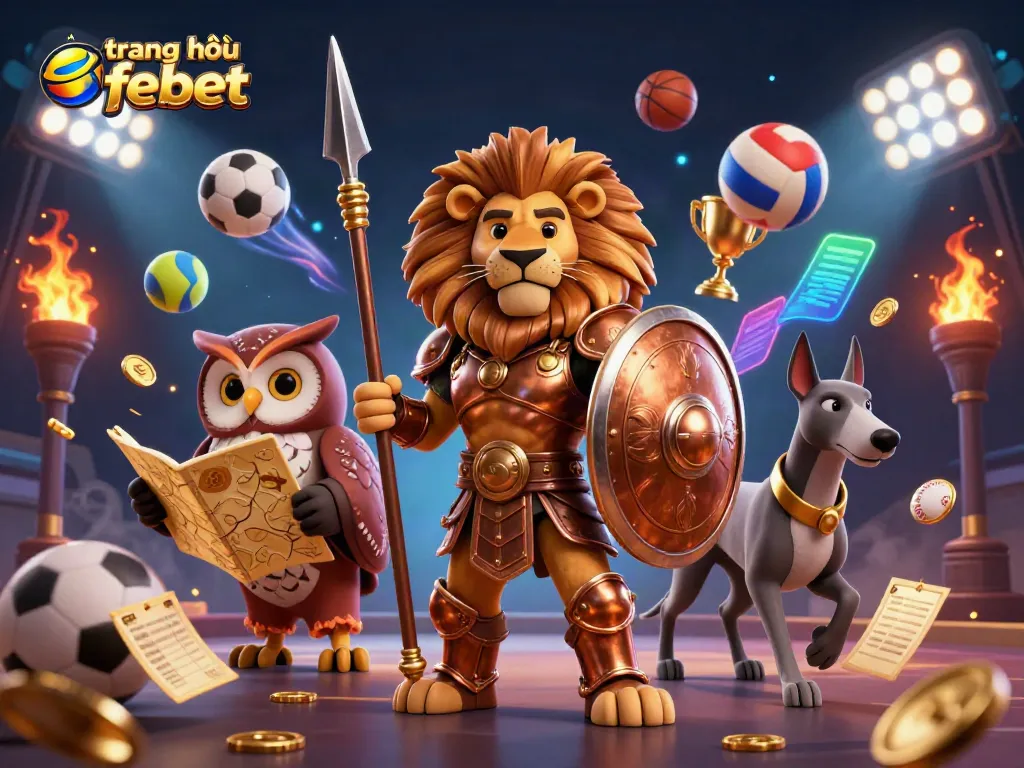 Engage in exciting actions at trang chủ febet with a vibrant casino scene featuring a Spartan lion and sports elements.