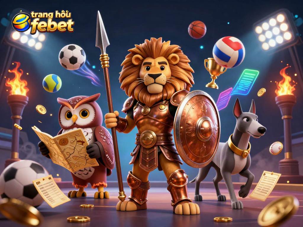 Engage in exciting actions at trang chủ febet with a vibrant casino scene featuring a Spartan lion and sports elements.