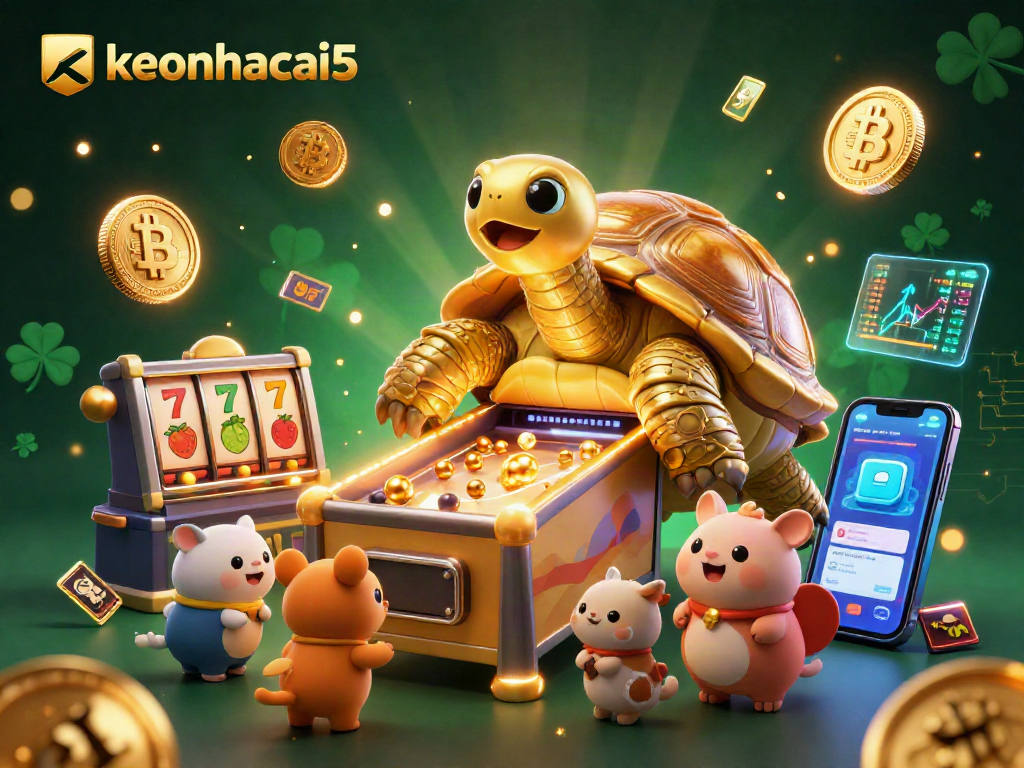 Engage with keonhacai5 in this vibrant slot-themed casino illustration featuring a golden tortoise.