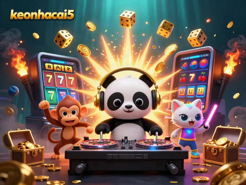 Experience exciting gameplay with keonhacai5 featuring a DJ panda, dancing monkey, and glowing kitten.