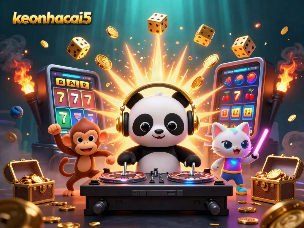 Experience exciting gameplay with keonhacai5 featuring a DJ panda, dancing monkey, and glowing kitten.