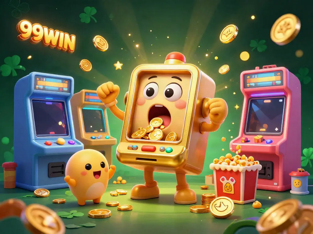 Experience big wins with 99WIN's vibrant golden slot machine celebrating a jackpot surrounded by colorful game elements.