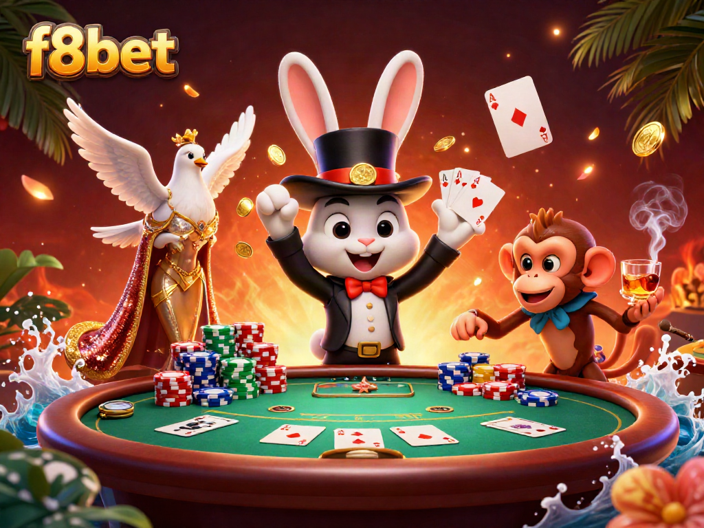 Play exciting poker with f8bet's magician rabbit, dazzling dove, and cheeky monkey in a vibrant 3D casino.