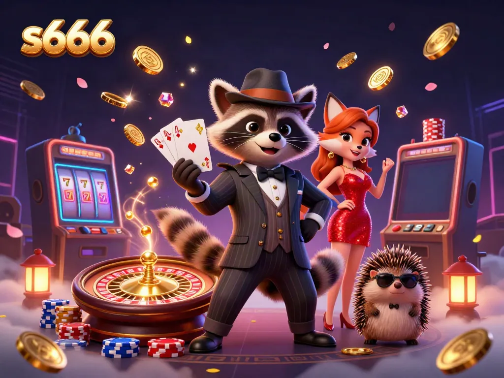Engage with the dynamic world of s666, featuring casino characters surrounded by golden coins and vibrant game elements.