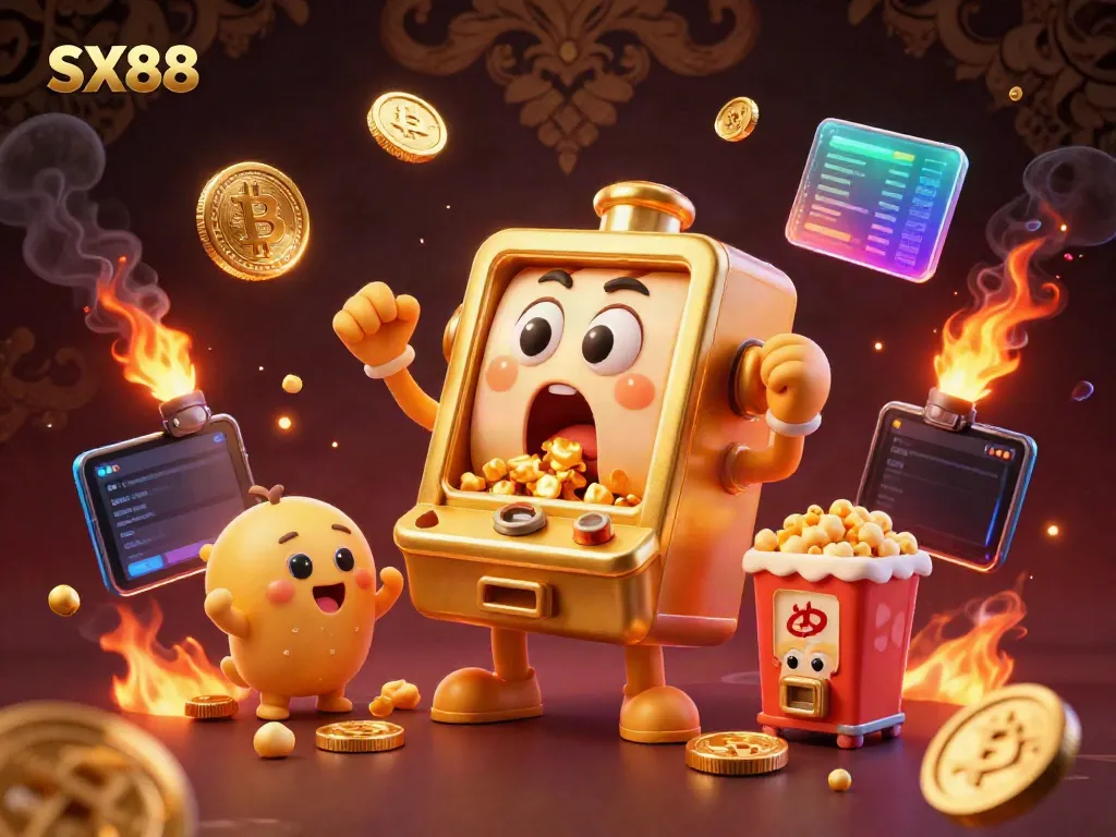 Experience the excitement of SX88 with a golden slot machine hitting its jackpot, surrounded by cheering baby machines and crypto coins.