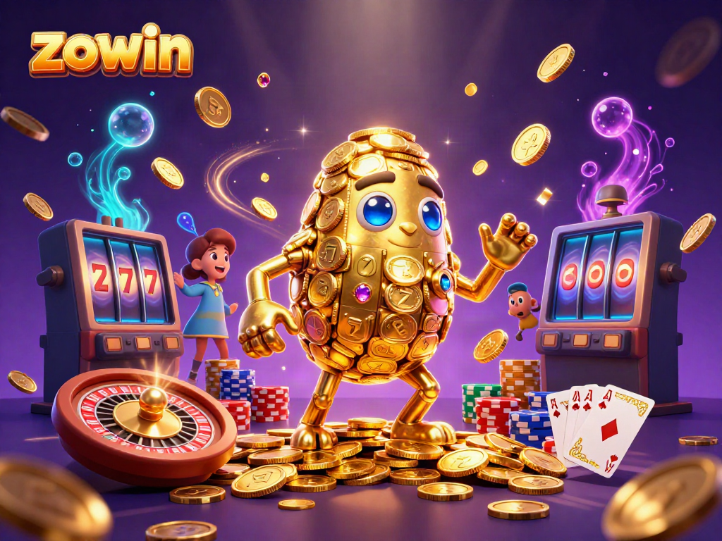 Experience exciting gameplay with Zowin's dynamic casino scene featuring vibrant animations and symbols.