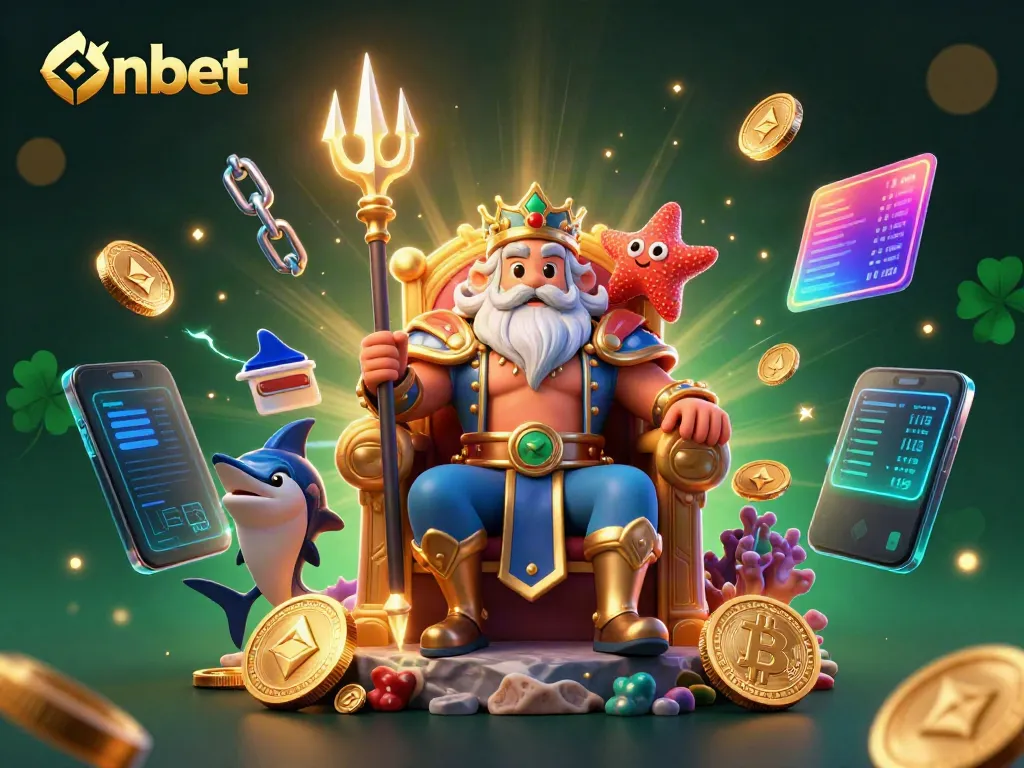 Engage with Onbet's exciting gaming world in a vibrant, underwater-themed illustration.