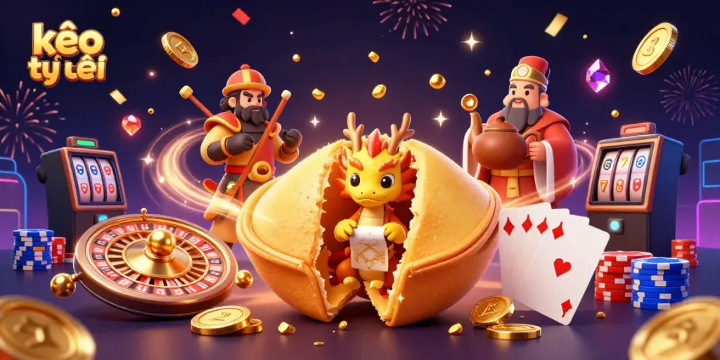 Engage with kèo trực tuyến featuring a golden fortune cookie, dragon, and casino elements.