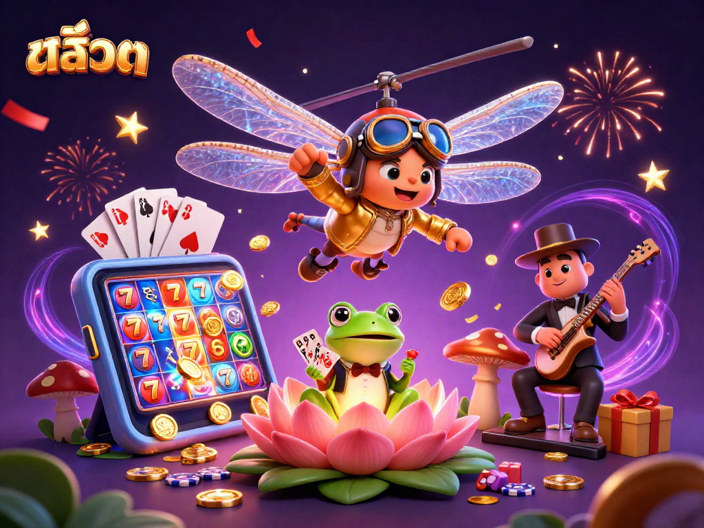 Spin the reels of สล็อต with a vibrant scene showcasing a dragonfly pilot and frog croupier in a magical casino.