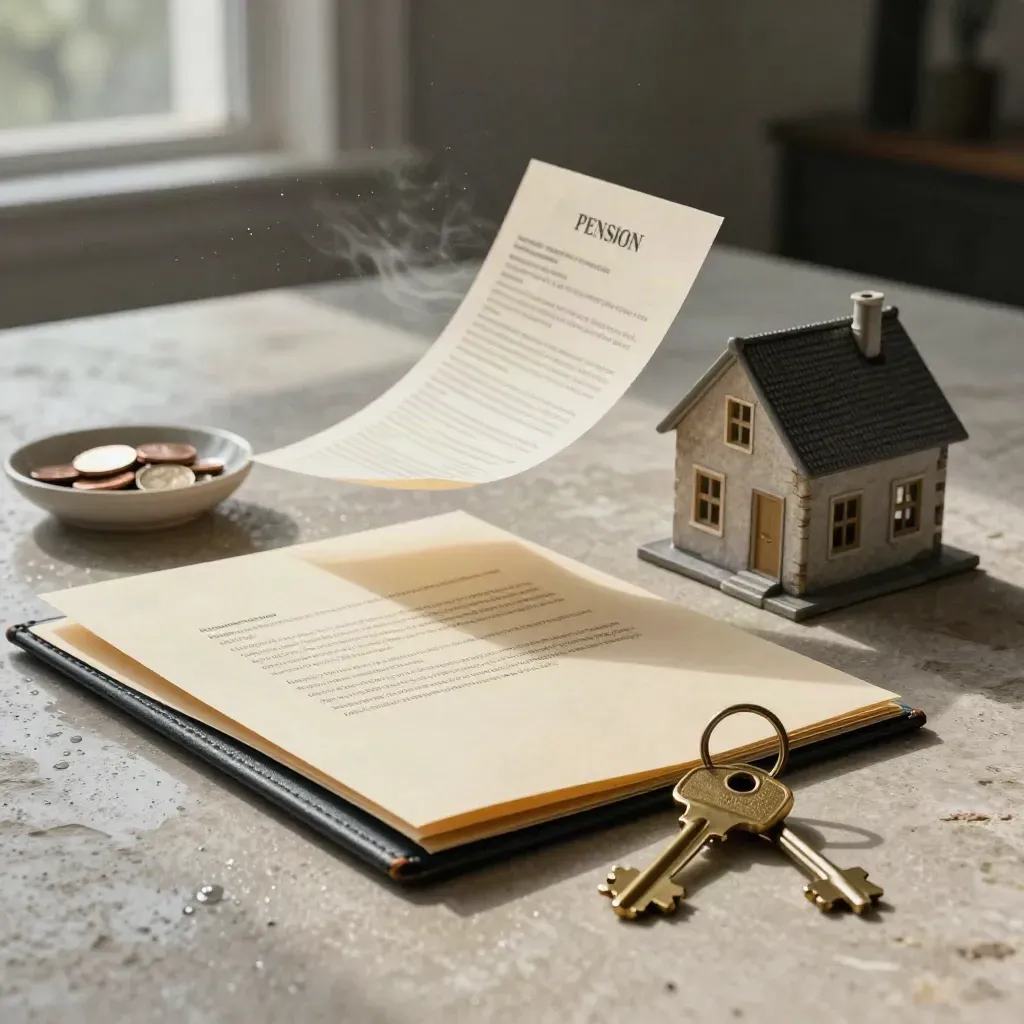 Rain-lit retirement planning folders, pension statement, brass key and model home on pale limestone.