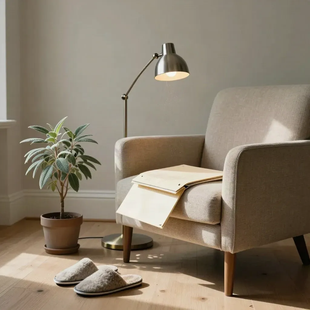 Sunlit living room with a planning folder on an armchair, slippers below, lamp and houseplant