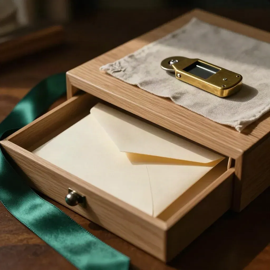 Open keepsake box with cream envelope, emerald ribbon and brass opener on a warm oak desk at dusk.