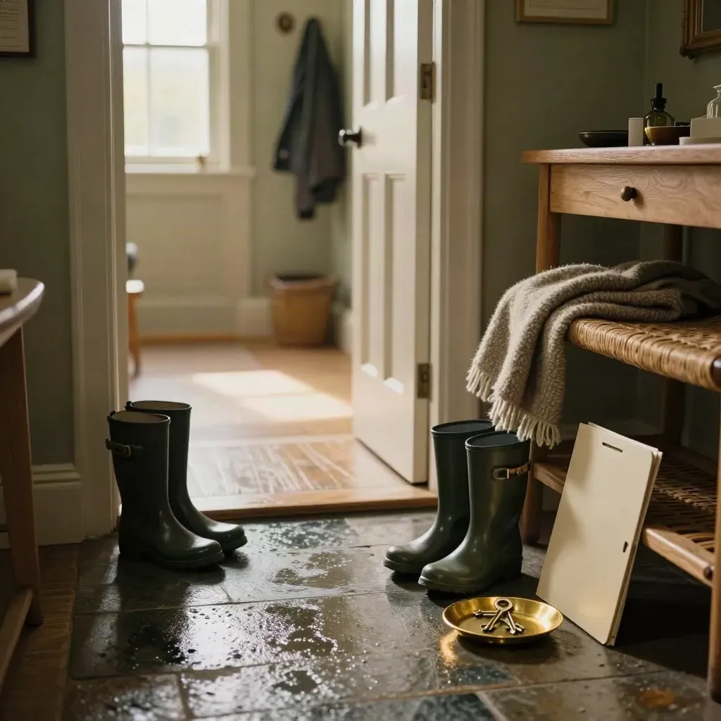 Rainy hallway still life with boots, wool blanket, keys and emergency folder by the door.