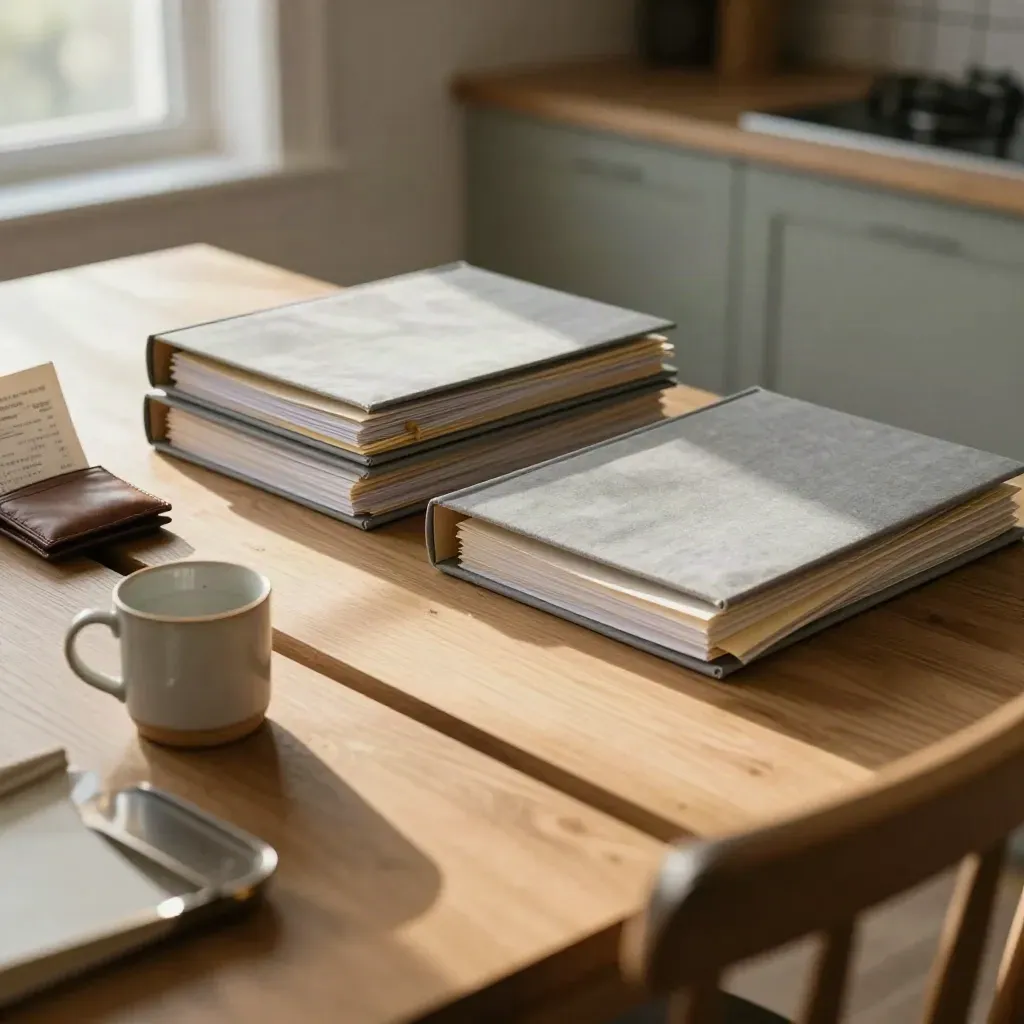 Two closed folder stacks on a kitchen table, split by empty space, seen from a stair landing.