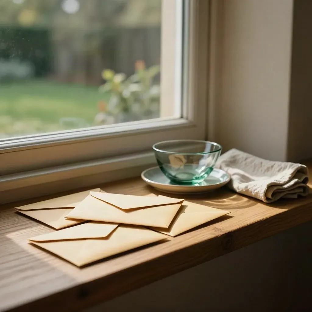 Sunlit windowsill with savings envelopes and a glass bowl beside warm linen.
