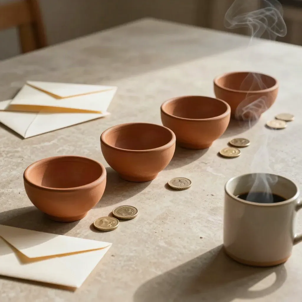 Stoneware bowls, coins and closed envelopes aligned across a sandstone table with steam rising