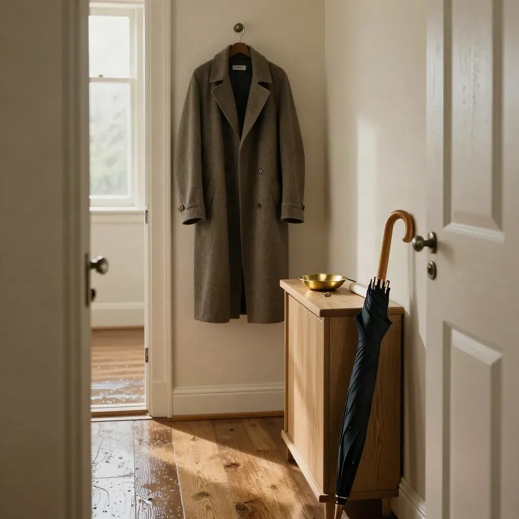 Hallway with coat, umbrella stand, keys and closed family folder after rain