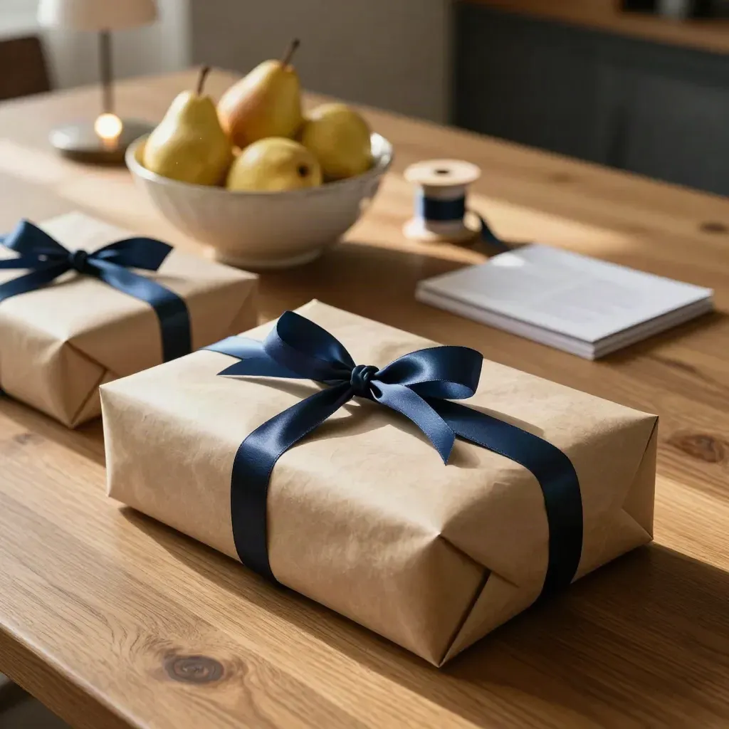 Wrapped gifts and a folded card on a warm dining table beside a ceramic fruit bowl.